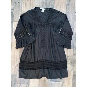 Cute Options Black Crochet Baby Doll Bell Sleeved Blouse Top Size L
